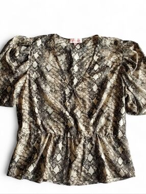 Leyden Tan & Black Snake Print Puff Sleeve Wrap Top XL